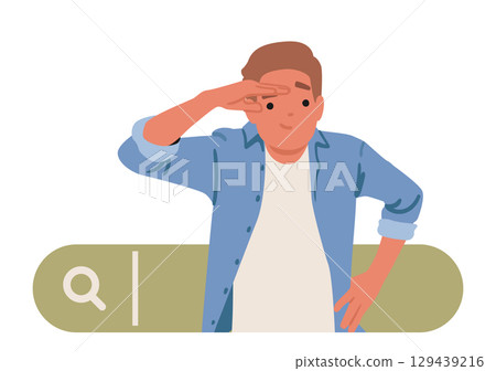 Man cartoon character making web search looking for information for business browsing query online 129439216
