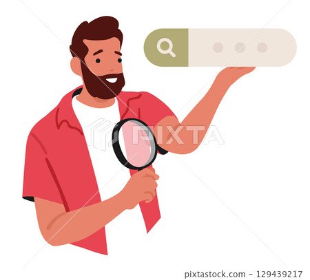 Man cartoon character waiting for query to be issued via search bar box of Internet browser 129439217