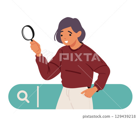Woman internet user cartoon character with magnifying glass searching choosing digital information Woman internet user cartoon character with magnifying glass searching choosing digital information 129439218