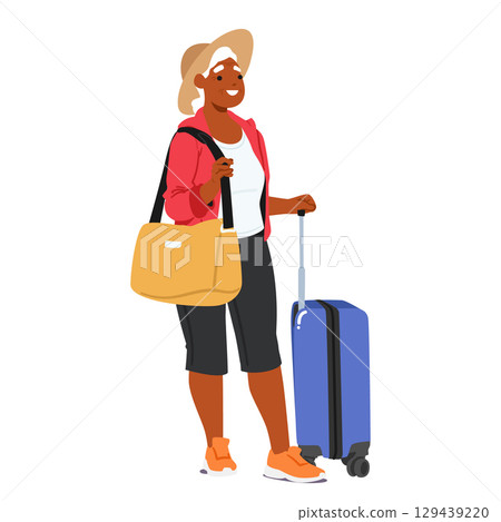 Pretty elderly woman tourist cartoon character with luggage bag and suitcase isolated on white Pretty elderly woman tourist cartoon character with luggage bag and suitcase isolated on white 129439220