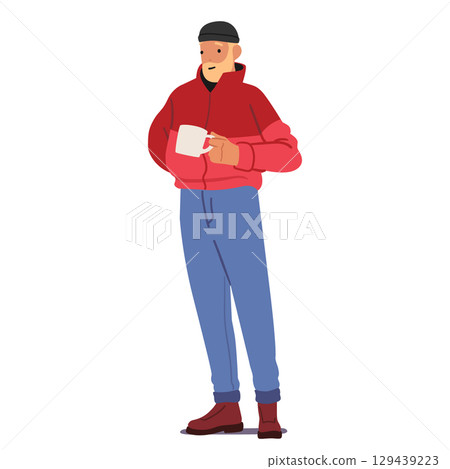 Mature man character wearing autumn clothes drinking hot tea standing isolated on white background 129439223