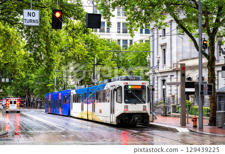 Portland light rail train at Pioneer Courthouse station in downtown Portland, Oregon, United States 129439225