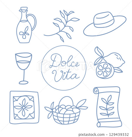 Mediterranean outline set with olive oil, wine and lemons. 129439332