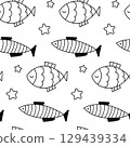 Fish with stars seamless pattern. Black and white fish doodle pattern. 129439334