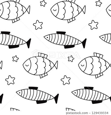 Fish with stars seamless pattern. Black and white fish doodle pattern. Fish with stars seamless pattern. Black and white fish doodle pattern. 129439334