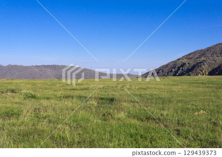 subarctic landscape, highland tundra on a plateau in the Northern Ural Mountains subarctic landscape, highland tundra on a plateau in the Northern Ural Mountains 129439373