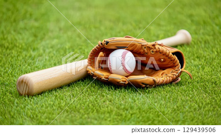 Baseball glove bat ball grass sports summer background Baseball glove bat ball grass sports summer background 129439506