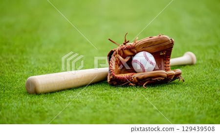 Baseball bat glove ball green field sunny sports concept 129439508