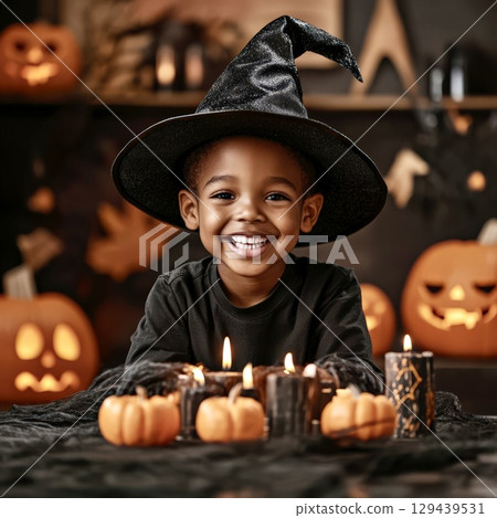 Smiling boy witch costume pumpkins Halloween autumn holiday scene Smiling boy witch costume pumpkins Halloween autumn holiday scene 129439531