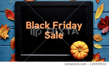 Autumn sale chalkboard pumpkins leaves rustic Black Friday 129439532