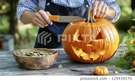 Preparing halloween pumpkin carving for festive autumn holiday 129439570
