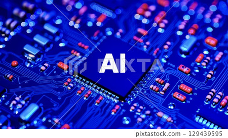Glowing blue AI text on futuristic chipboard pattern Glowing blue AI text on futuristic chipboard pattern 129439595