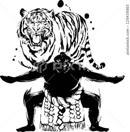相撲選手的虎紋（Shiko）水墨畫插圖 129439865