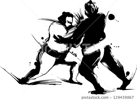 Sumi-e illustration of a sumo match 129439867