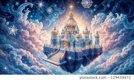 mystical floating castle glowing softly among stars and swirling clouds 129439872