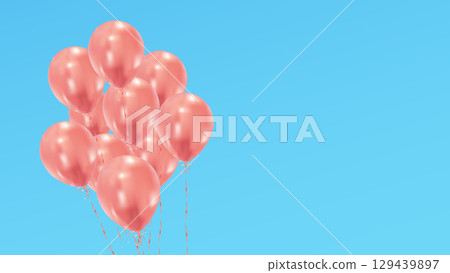 Bunch of red balloons on the blue sky background background. Anniversary, Celebration, festive banner. Shiny balloons bunch 129439897