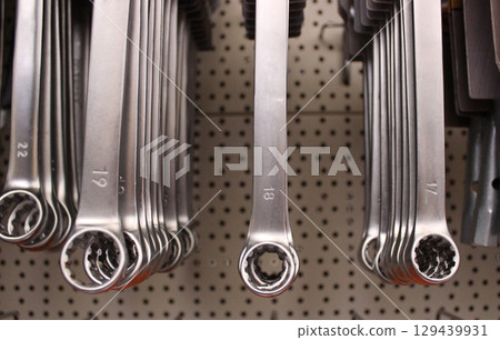 Box End Spanners With Variety Size On A Shelf In A Workshop 129439931
