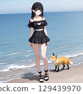 夏天，一位女士和一隻狐狸在海灘上散步 129439970