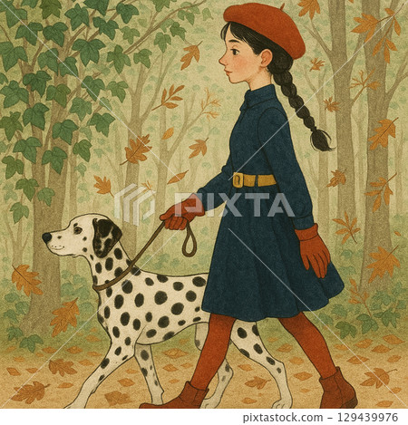 秋天的森林裡,女人和一隻達爾馬提亞狗一起散步 秋天的森林裡,女人和一隻達爾馬提亞狗一起散步 129439976