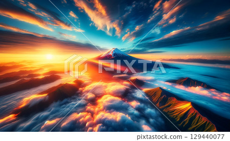 朝陽與雲海交織的富士山。壯觀的背景素材 129440077