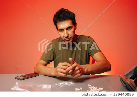 Portrait of serious drug realer male preparing dose of cocaine or heroin, surrounded by pills, cash and smartphone on red background, highlighting dangers of addiction and illegal drug trade. Portrait of serious drug realer male preparing dose of cocaine or heroin, surrounded by pills, cash and smartphone on red background, highlighting dangers of addiction and illegal drug trade. 129440099