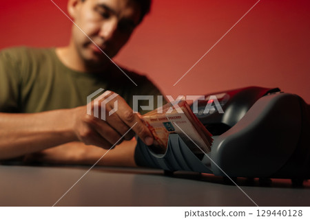 Close-up selective focus shot of serious cashier sitting at desk, counting cash with electronic money counter machine, studio shot on isolated red background. Concept of financial accounting. Close-up selective focus shot of serious cashier sitting at desk, counting cash with electronic money counter machine, studio shot on isolated red background. Concept of financial accounting. 129440128
