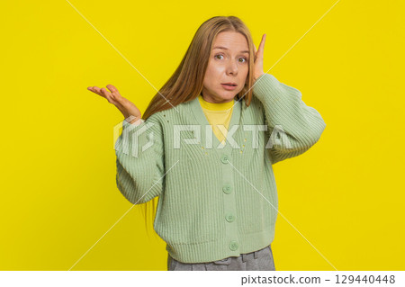 Confused woman feeling embarrassed about question, having doubts, no answer, clueless, uncertain Confused woman feeling embarrassed about question, having doubts, no answer, clueless, uncertain 129440448