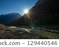 A picturesque view of a mountain river against the backdrop of the sky and mountains during sunset. River Amanauz. Dombay. 129440546
