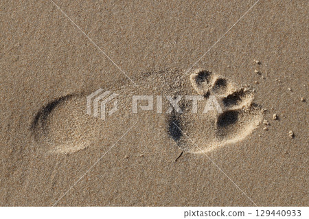 Human footprint on sandy beach Human footprint on sandy beach 129440933