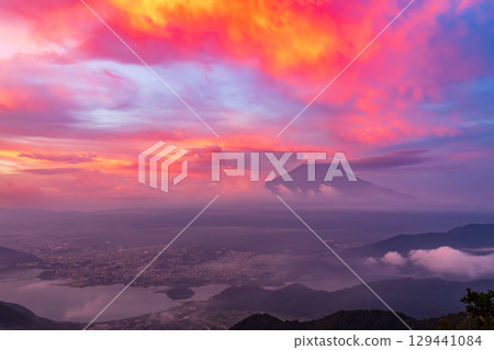 Mount Fuji adorned with mysterious clouds from Shindo Pass at dawn Mount Fuji adorned with mysterious clouds from Shindo Pass at dawn 129441084