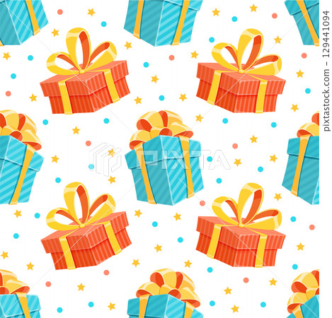 Seamless cartoon birthday gift pattern. Each present is a colorful box with ribbon and bow creating a surprise. Perfect for birthday and holiday package decoration. Seamless cartoon birthday gift pattern. Each present is a colorful box with ribbon and bow creating a surprise. Perfect for birthday and holiday package decoration. 129441094
