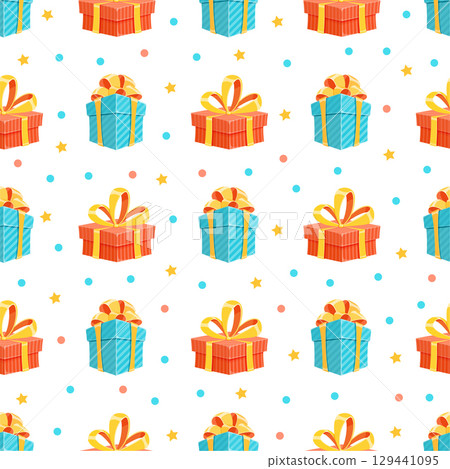 Gift box seamless pattern with wrapped presents, ribbons and bows. Perfect for birthday surprise, cute decor or festive wrapping. Cheerful holiday design in cartoon graphic style. Gift box seamless pattern with wrapped presents, ribbons and bows. Perfect for birthday surprise, cute decor or festive wrapping. Cheerful holiday design in cartoon graphic style. 129441095