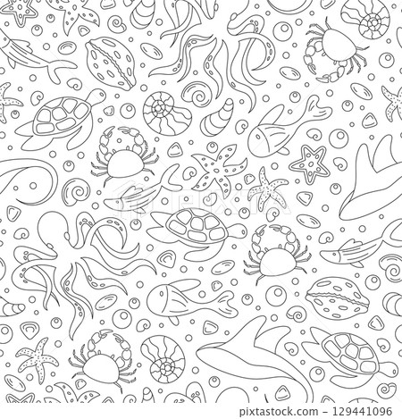 Seamless underwater doodle pattern with marine creatures. Outline ocean design featuring fish, turtle, and octopus. Aquatic background with detailed shapes, perfect for marine projects. Seamless underwater doodle pattern with marine creatures. Outline ocean design featuring fish, turtle, and octopus. Aquatic background with detailed shapes, perfect for marine projects. 129441096