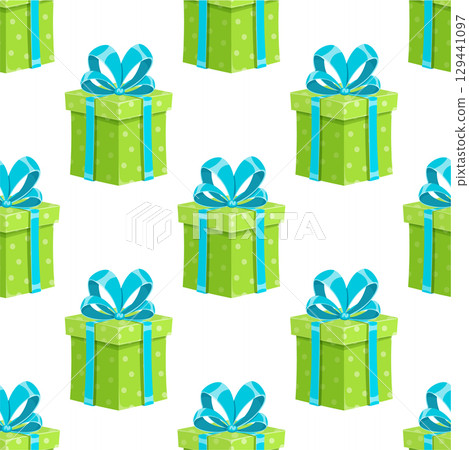 Cartoon gift box seamless pattern with ribbon and bow. Festive present box design for holiday and birthday surprises. Cute colorful element for events. Cartoon gift box seamless pattern with ribbon and bow. Festive present box design for holiday and birthday surprises. Cute colorful element for events. 129441097