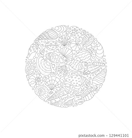 Round underwater sticker composition of seashells in a delicate outline style. Marine mollusk shells and swirls create a circle concept. Ocean life and undersea doodle design for aquatic patterns. 129441101