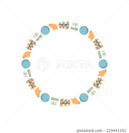 Colorful minimal flat circle frame with vibrant ornament. Round border with unique decoration and seamless pattern. Perfect for gym themes, fitness equipment designs, and workout banners. 129441102