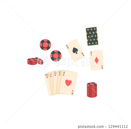 Flat poker sticker with cards, casino chips, and table elements. Boardgame recreation with money and playing strategy focus. Simple graphic for entertainment leisure concepts. 129441112