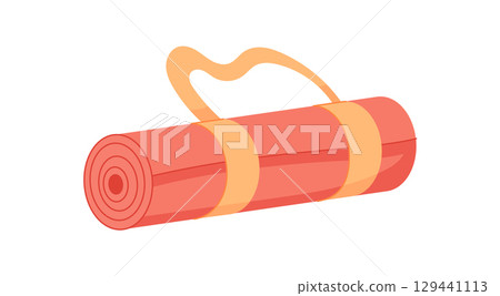Flat yoga mat with straps designed for workout and exercise. Compact and essential gym equipment for fitness yoga, ideal training sessions healthy lifestyle concepts. Flat yoga mat with straps designed for workout and exercise. Compact and essential gym equipment for fitness yoga, ideal training sessions healthy lifestyle concepts. 129441113