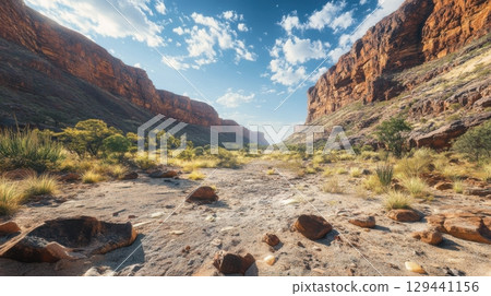 Stunning view of a rocky canyon with lush vegetation under a bright sky in the afternoon sunlight 129441156