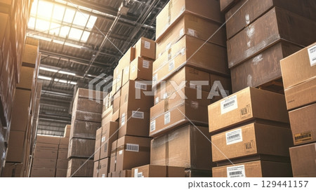 Stacked cardboard boxes in a warehouse during late afternoon light creating a busy storage atmosphere 129441157