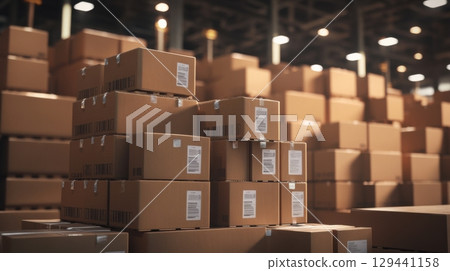 Stacked cardboard boxes in a large warehouse during daylight hours showing efficient organization 129441158