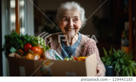 Smiling elderly woman holding a box of fresh groceries in her home, showcasing her joy and vitality during daily activities 129441185