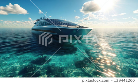 Elegant solar-powered yacht sailing in clear turquoise waters under a bright sunny sky 129441200
