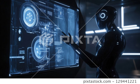Futuristic robot interacting with advanced holographic display in a high-tech environment Futuristic robot interacting with advanced holographic display in a high-tech environment 129441221