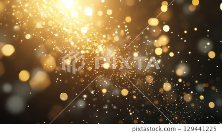 Sparkling golden particles float gracefully in a dark background, creating a magical atmosphere of light and wonder Sparkling golden particles float gracefully in a dark background, creating a magical atmosphere of light and wonder 129441225