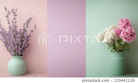 Fresh flower arrangements in pastel vases against soft colored backgrounds creating a serene atmosphere in a cozy room 129441226