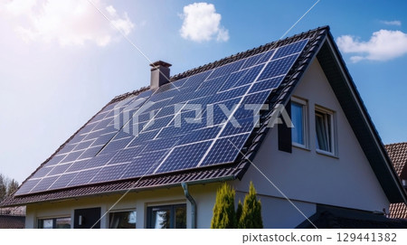 Solar panels installed on residential roof under bright blue sky in suburban neighborhood during daytime 129441382