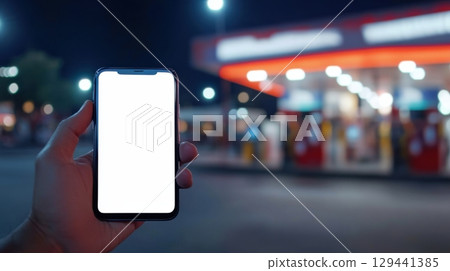 Hand holding a blank smartphone outside a brightly lit gas station at night 129441385