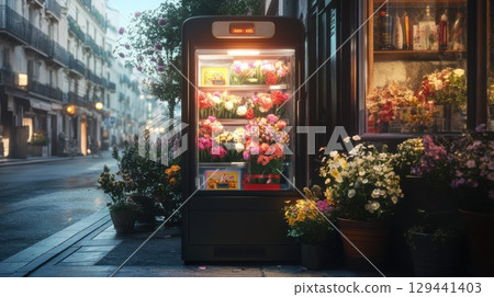 Bright flower stand in a cozy street corner at twilight in a vibrant neighborhood filled with blooming plants and soft lighting 129441403