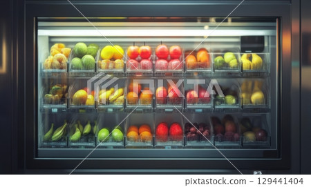 Colorful display of fresh fruits in a vending machine in a bustling urban setting during the afternoon 129441404